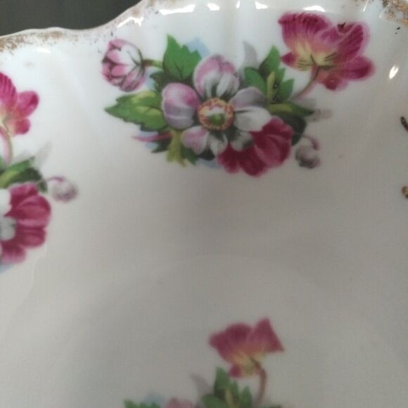 8" Bowl Hand Painted Pink & White Floral Flower Gold Trim Porcelain Vintage - Picture 5 of 9